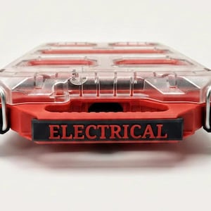 May include: Red and clear plastic electrical parts organizer with a black handle. The word "ELECTRICAL" is printed in red on a black label. The organizer has a clear lid and multiple compartments.