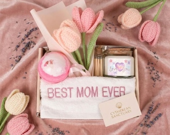 Mother's Day Gift Set: Candle, Bath Bomb, Crochet Flowers, Matches, Towel