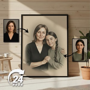 Könnte beinhalten: Ein gerahmtes Sepia-Porträt einer Mutter und Tochter, mit zwei kleineren Porträts der Personen. Das Bild ist vor einem hellen Hintergrund platziert, mit einer 24-Stunden-Grafik in der unteren linken Ecke.
