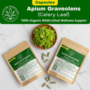 Cápsulas de hojas de apio orgánico / Suplemento herbal de Apium Graveolens / Cultivado en la naturaleza, vegano y sin aditivos.