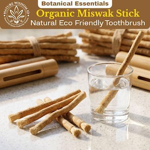 May include: An assortment of organic Miswak sticks, a natural eco-friendly toothbrush alternative. The image shows several bundles of the sticks, a single stick in a glass of water, and a few sticks lying on a light-colored surface. The text reads "Organic Miswak Stick".