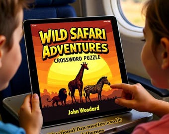 May include: A tablet displays a crossword puzzle game titled "Wild Safari Adventures." The cover art features a lion, giraffe, and zebra against a sunset backdrop. The text "Educational fun meets exotic travel themes" is at the bottom.