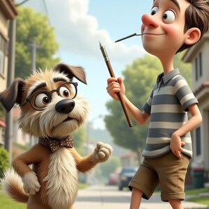 Puede incluir: Ilustraci&oacute;n de dibujos animados de un ni&ntilde;o y un perro en una acera. El ni&ntilde;o lleva una camisa a rayas y pantalones cortos marrones, sosteniendo un bol&iacute;grafo. El perro, con gafas y pajarita, parece interactuar con el ni&ntilde;o.