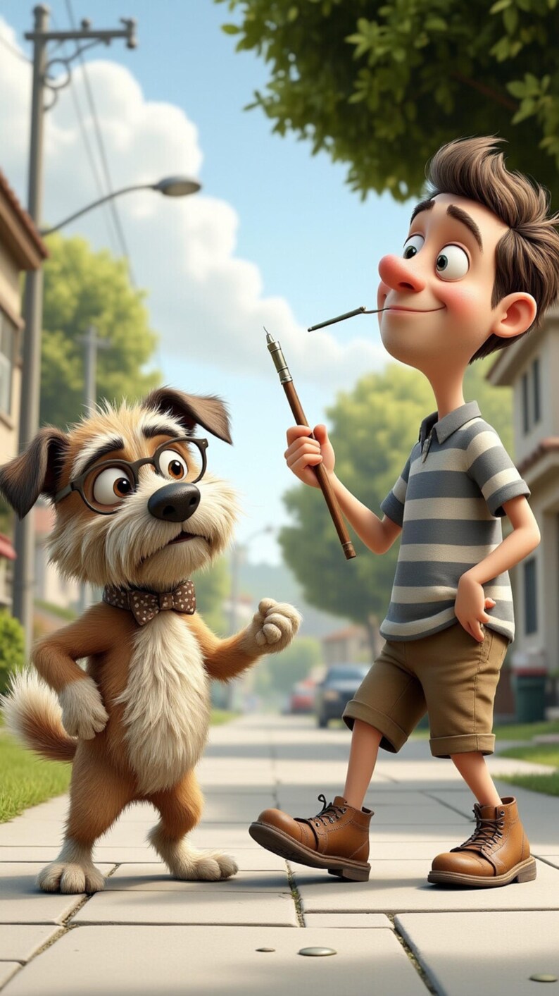 Puede incluir: Ilustraci&oacute;n de dibujos animados de un ni&ntilde;o y un perro en una acera. El ni&ntilde;o lleva una camisa a rayas y pantalones cortos marrones, sosteniendo un bol&iacute;grafo. El perro, con gafas y pajarita, parece interactuar con el ni&ntilde;o.