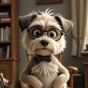 Puede incluir: Un perro de dibujos animados con gafas y pajarita sentado en un escritorio. El perro tiene pelaje marr&oacute;n claro con orejas m&aacute;s oscuras y una nariz negra. Un peque&ntilde;o letrero en el escritorio dice "OFFICIAL sum ame rv gr&aacute;arew".