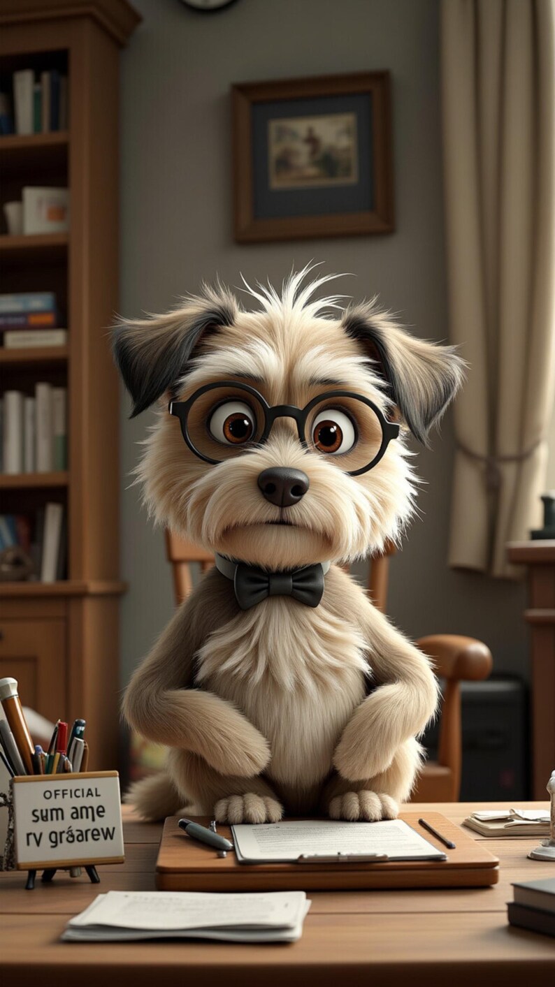 Puede incluir: Un perro de dibujos animados con gafas y pajarita sentado en un escritorio. El perro tiene pelaje marr&oacute;n claro con orejas m&aacute;s oscuras y una nariz negra. Un peque&ntilde;o letrero en el escritorio dice "OFFICIAL sum ame rv gr&aacute;arew".