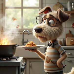 Puede incluir: Un perro de dibujos animados con gafas, pajarita y camisa a rayas, sosteniendo un plato de comida en una cocina. Una olla en la estufa est&aacute; en llamas. El perro lleva pantalones cortos y sandalias.