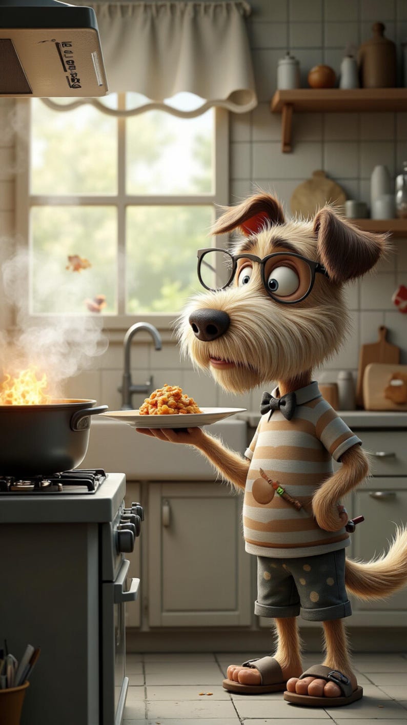Puede incluir: Un perro de dibujos animados con gafas, pajarita y camisa a rayas, sosteniendo un plato de comida en una cocina. Una olla en la estufa est&aacute; en llamas. El perro lleva pantalones cortos y sandalias.