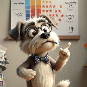Puede incluir: Un perro de dibujos animados con gafas y pajarita, se&ntilde;alando hacia arriba. El perro tiene un bol&iacute;grafo en la boca y est&aacute; de pie frente a una tabla con la etiqueta "Human Features". Dos pares de calcetines est&aacute;n en el suelo.