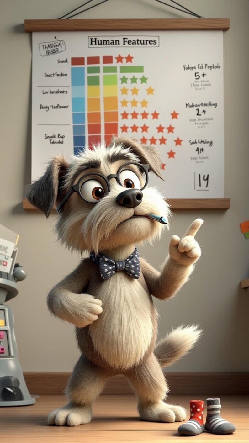Puede incluir: Un perro de dibujos animados con gafas y pajarita, se&ntilde;alando hacia arriba. El perro tiene un bol&iacute;grafo en la boca y est&aacute; de pie frente a una tabla con la etiqueta "Human Features". Dos pares de calcetines est&aacute;n en el suelo.