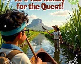 Puede incluir: Imagen escénica con el texto "Are You Ready for the Quest!" y "Ages 0-11". Un niño en un bote, una mujer en el agua y un pájaro en un río. Una montaña está en el fondo. La imagen tiene gráficos de brújula.