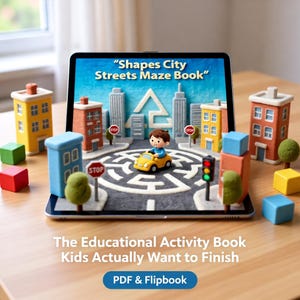 Puede incluir: Una tableta muestra una colorida ilustración de un laberinto urbano con un coche amarillo y un personaje de dibujos animados. El texto en la pantalla dice "Shapes City Streets Maze Book". Edificios en miniatura y bloques de colores rodean la tableta. El texto en la parte inferior dice "The Educational Activity Book Kids Actually Want to Finish".