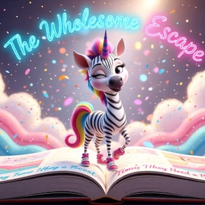 May include: A whimsical illustration of a zebra-unicorn hybrid with a rainbow mane and tail, wearing pink shoes, standing on an open book. The text "The Wholesome Escape" is above the zebra-unicorn. Colorful confetti and pastel clouds fill the background.