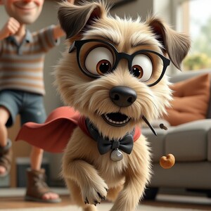 Puede incluir: Un perro de dibujos animados con gafas, una capa roja y una pajarita negra, corriendo hacia el espectador. El perro sostiene un peque&ntilde;o palo en la boca y est&aacute; rodeado de golosinas para perros. Una persona est&aacute; en el fondo.