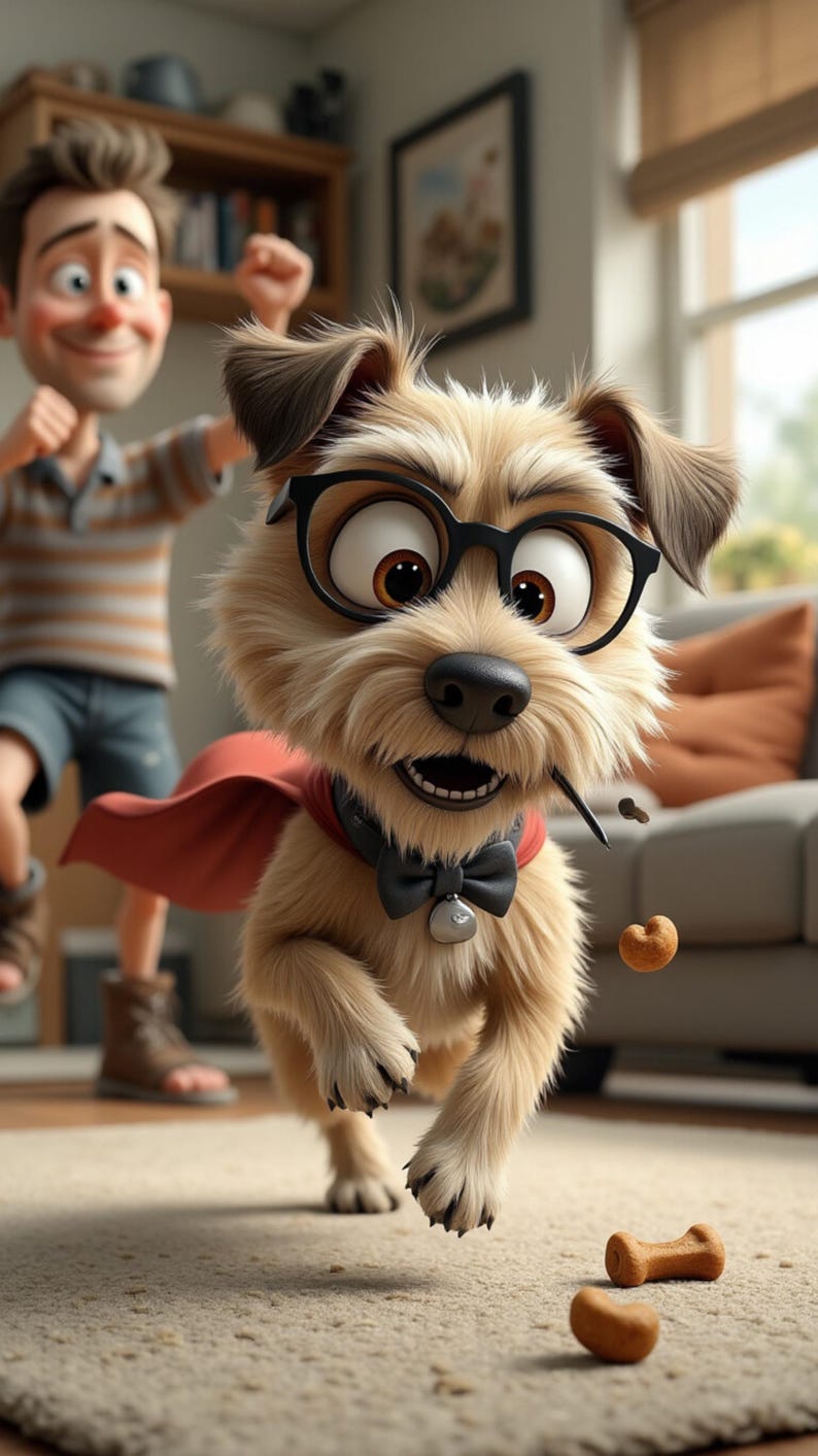 Puede incluir: Un perro de dibujos animados con gafas, una capa roja y una pajarita negra, corriendo hacia el espectador. El perro sostiene un peque&ntilde;o palo en la boca y est&aacute; rodeado de golosinas para perros. Una persona est&aacute; en el fondo.