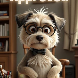 Puede incluir: Un perro de dibujos animados con gafas y pajarita sentado en un escritorio. El texto "My Human Approved" est&aacute; en la parte superior. El perro es de color marr&oacute;n claro y blanco con detalles en negro. El escritorio tiene bol&iacute;grafos, l&aacute;pices y papeles.