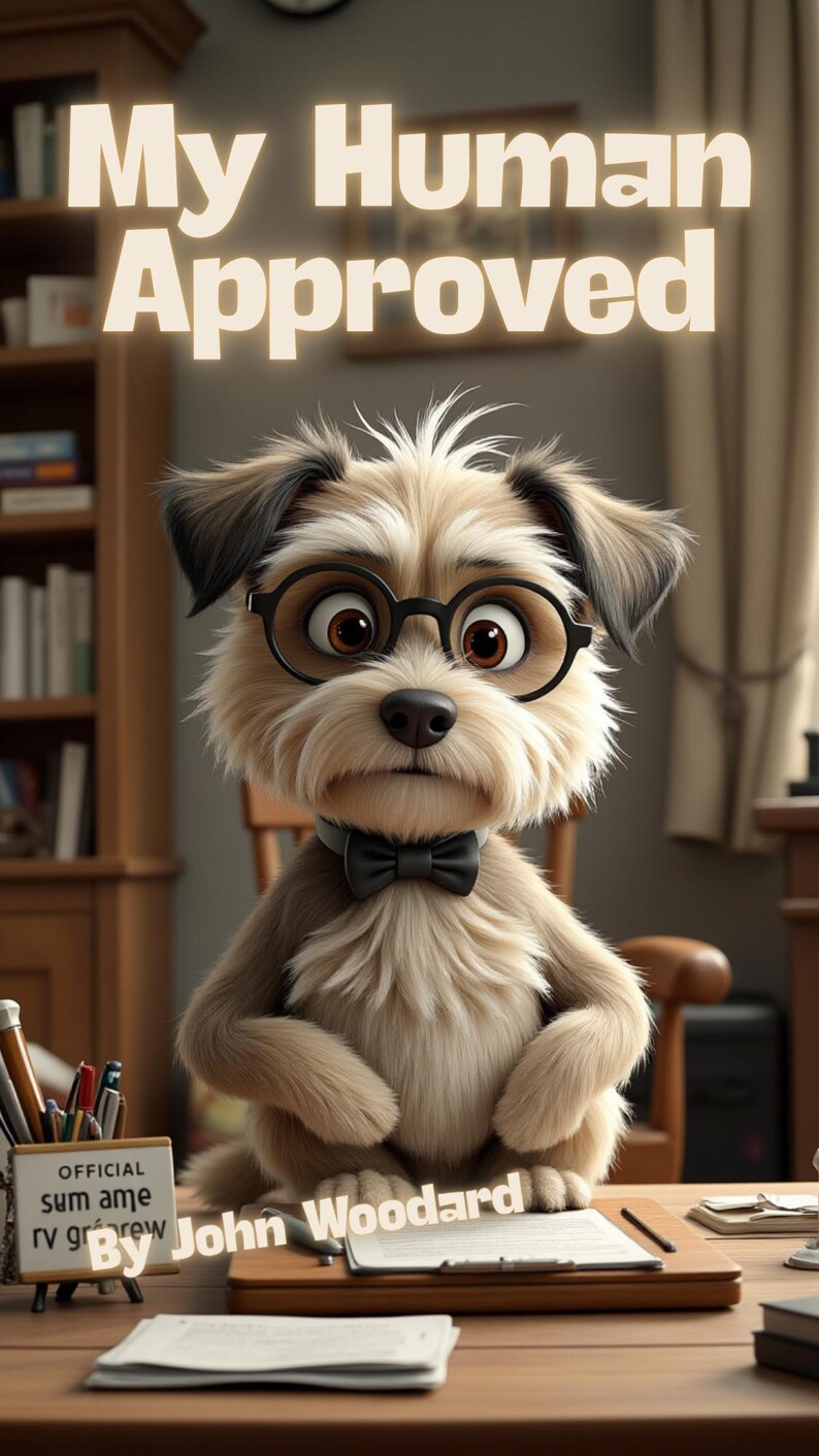 Puede incluir: Un perro de dibujos animados con gafas y pajarita sentado en un escritorio. El texto "My Human Approved" est&aacute; en la parte superior. El perro es de color marr&oacute;n claro y blanco con detalles en negro. El escritorio tiene bol&iacute;grafos, l&aacute;pices y papeles.