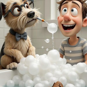 Puede incluir: Ilustraci&oacute;n de dibujos animados de un perro con gafas y pajarita, soplando burbujas para una persona en una ba&ntilde;era llena de burbujas. Un zapato marr&oacute;n est&aacute; en el agua. La persona est&aacute; sonriendo.