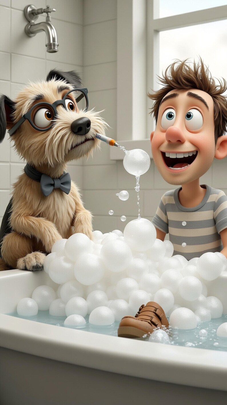 Puede incluir: Ilustraci&oacute;n de dibujos animados de un perro con gafas y pajarita, soplando burbujas para una persona en una ba&ntilde;era llena de burbujas. Un zapato marr&oacute;n est&aacute; en el agua. La persona est&aacute; sonriendo.