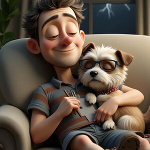 Puede incluir: Ilustraci&oacute;n de dibujos animados de una persona y un perro relaj&aacute;ndose en un sof&aacute;. La persona lleva una camiseta a rayas grises y marrones y pantalones cortos. El perro lleva gafas y un collar rojo. Una ventana con un rayo en el fondo.