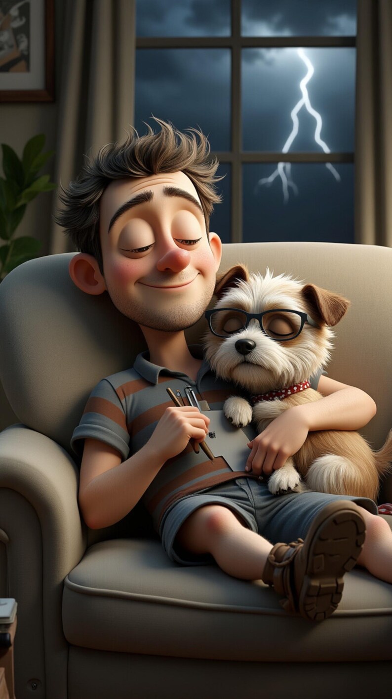 Puede incluir: Ilustraci&oacute;n de dibujos animados de una persona y un perro relaj&aacute;ndose en un sof&aacute;. La persona lleva una camiseta a rayas grises y marrones y pantalones cortos. El perro lleva gafas y un collar rojo. Una ventana con un rayo en el fondo.