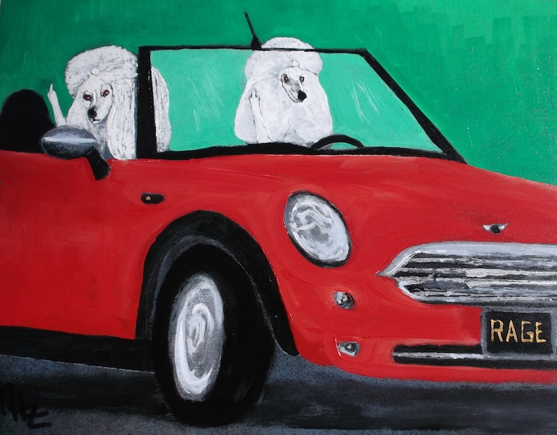 Poodle Art Print of an original oil painting,Road Rage,Dog Art,Mini Cooper,Standard Poodle,white
