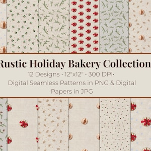 Watercolor Christmas Patterns • Bakery, Pine, Berries (Digital Paper)