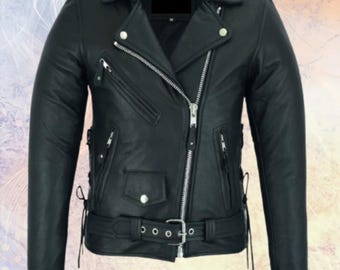 Women Motorcycle Classic Leather Jacket Premier Cowhide Leather Gun Pockets Side Laces