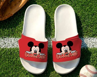 Pantuflas unisex con velcro y nombre personalizado de Mickey Mouse, sandalias personalizadas de Mickey Mouse, sandalias de dibujos animados de Disney, lindo regalo para niños y mujeres.