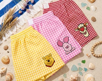 Winnie The Pooh Big Face Embroidered Women Gingham Shorts, Cute Pooh Bear Embroidery Shorts, Disney Summer Shorts