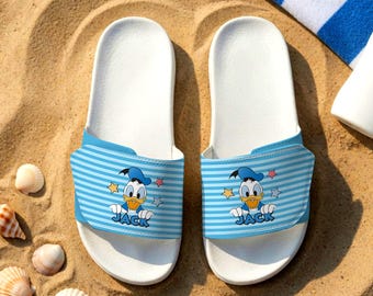 Custom Name Blue Stripe Donald Duck Unisex Velcro Slippers, Mickey And Friends Strippers, Gift For Family