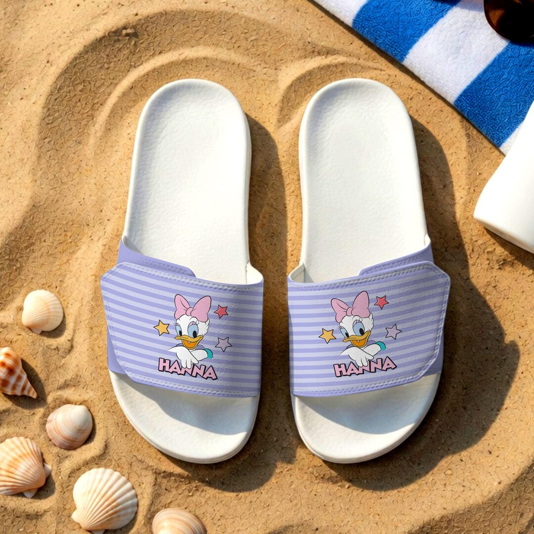 Personalized Purple Daisy Duck Slide Slippers, Unisex Comfort Sandals ...