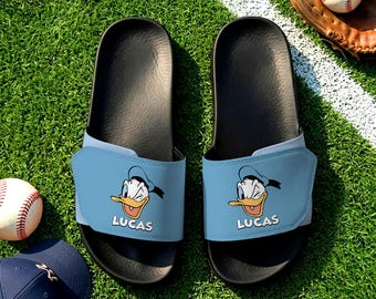 Sandalias azules personalizadas de Donald Duck, pantuflas unisex ajustables y cómodas.