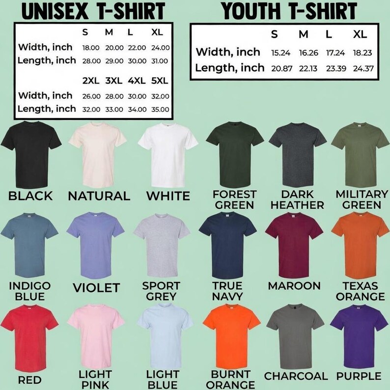 May include: A selection of unisex and youth t-shirts in various colours, including black, white, and navy. The image displays size charts with measurements in inches for width and length. The available colours are displayed below the shirts.