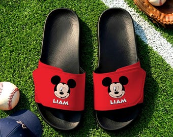 Pantuflas unisex con velcro y nombre personalizado de Mickey Mouse, sandalias personalizadas de Mickey Mouse, sandalias de dibujos animados de Disney, lindo regalo para niños y mujeres.