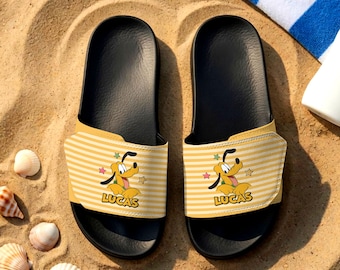 Personalized Pluto Yellow Stripes Unisex Velcro Slippers, Custom Name Slides, Mickey And Friends Slippers, Gift For Family