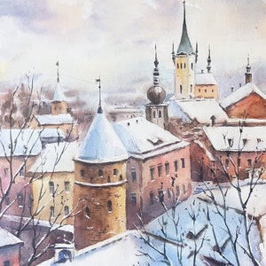 Hand-painted landscape of Tallinn, Estonia, Original Watercolor, Winter snowy mountain landscape, small town cathedral, House warming gift, Great gift for Estonia and Tallinn travelers