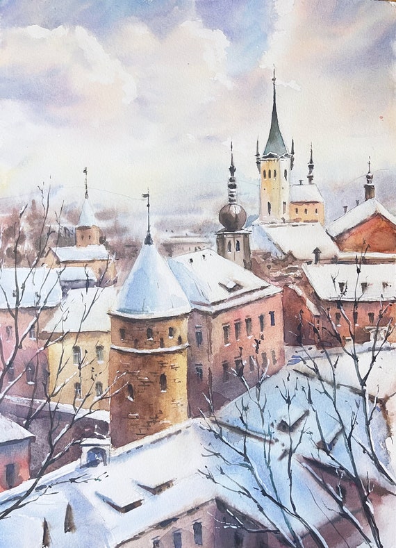 Hand-painted landscape of Tallinn, Estonia, Original Watercolor, Winter snowy mountain landscape, small town cathedral, House warming gift