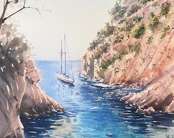 Original Watercolor Landscape, Yacht Nautical Coastal Harbor Artwork, Sail Boat Seascape, Ocean Sea Mountain Cliff Ship Rocks Water Waves