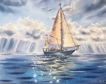 Original Watercolor Landscape, Yacht Nautical Artwork, Sail Boat Seascape, Ocean Sea Reflection Clouds Ship Water Waves, Housewarming Gift