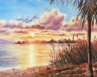Original Watercolor Landscape, Sunset in Aruba, Palm trees, Tropical Island Coastal Seascape, Ocean Sea Reflection Clouds Water Waves