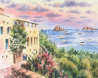 Original Watercolor Landscape, Panarea Island in Sicily lover gift, Sunset coastline, Italy Traveler gift,  flowers waves yachts rocks