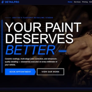 May include: Website design featuring the text "YOUR PAINT DESERVES BETTER" in white and blue, with a dark background and a hand holding a tool. The website promotes ceramic coatings and paint protection.