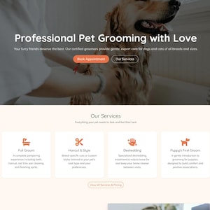 May include: Website for PawParlor, a professional pet grooming service. The site features services like full groom, haircut & style, and deshedding. Includes client testimonials and a "Pet of the Month" section. Book an appointment today!