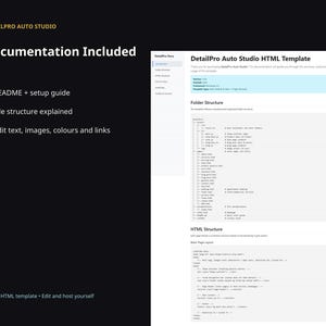 DetailPro website template slide showing included documentation: README, setup guide, file structure, and instructions for editing text, images, colours, and links.