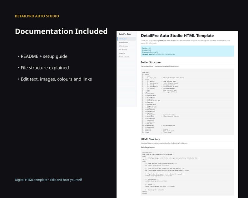 DetailPro website template slide showing included documentation: README, setup guide, file structure, and instructions for editing text, images, colours, and links.