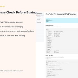 PawParlor website template fit-check slide explaining it is an HTML, CSS, and JavaScript template, not WordPress, Wix, or Shopify, and requires services or backend for forms and payments.