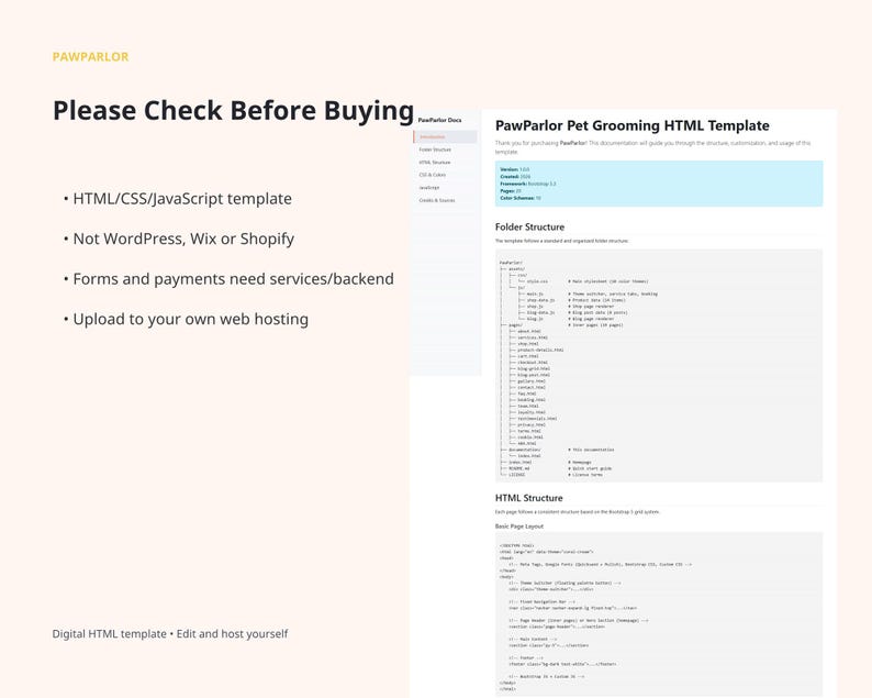 PawParlor website template fit-check slide explaining it is an HTML, CSS, and JavaScript template, not WordPress, Wix, or Shopify, and requires services or backend for forms and payments.