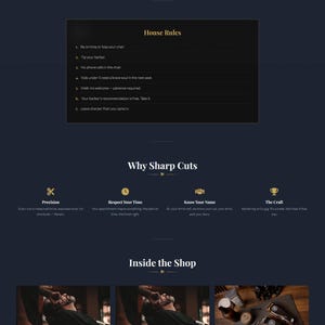 May include: Website for Sharp Cuts barbershop, established in 2015. The site includes text, images of haircuts, and information about the shop's services, including house rules and contact details. The colour scheme is dark with gold accents.