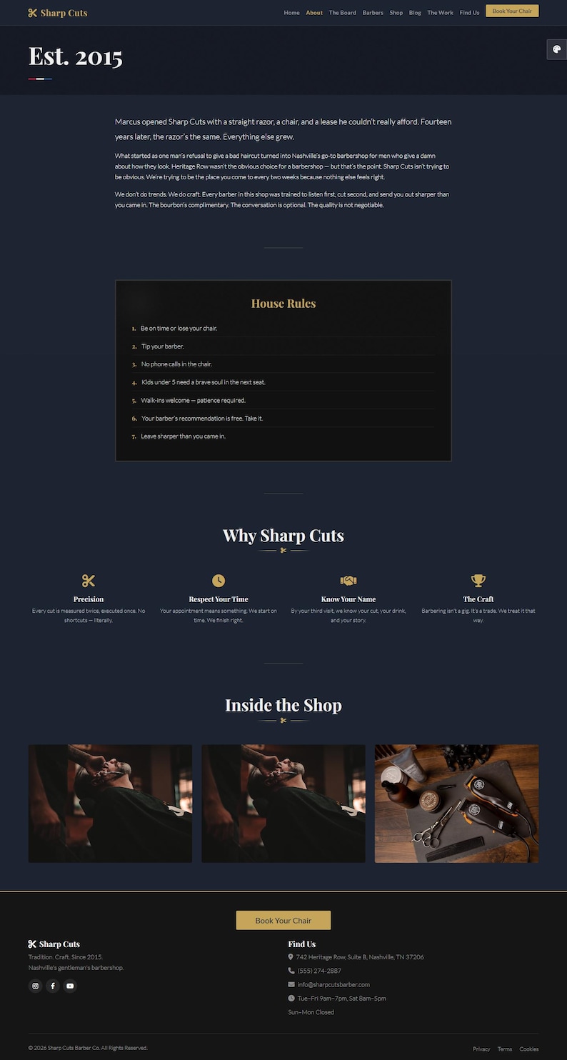 May include: Website for Sharp Cuts barbershop, established in 2015. The site includes text, images of haircuts, and information about the shop's services, including house rules and contact details. The colour scheme is dark with gold accents.